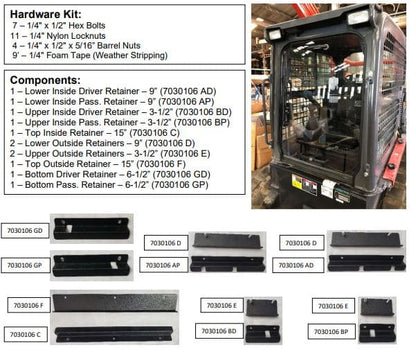 Kubota SSV windshield hardware kit diagram showing retainer components list, part numbers, and included hardware