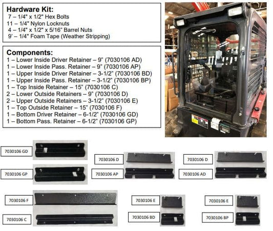 Kubota SSV windshield hardware kit diagram showing retainer components list, part numbers, and included hardware