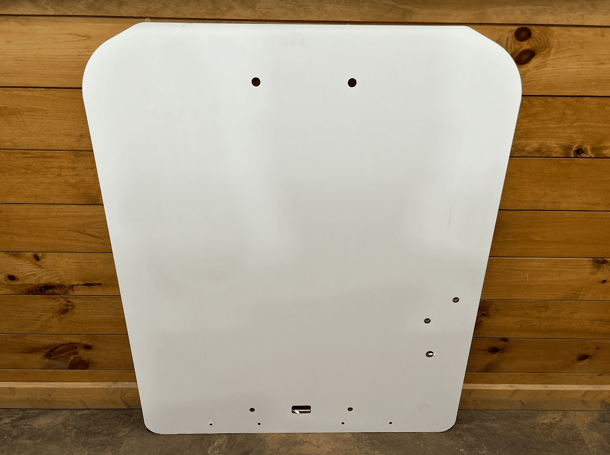 Kubota SSV polycarbonate windshield replacement panel showing front face with mounting holes for metal fastening system