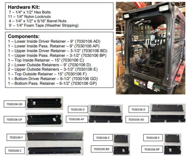 Hardware kit and components diagram for Kubota SVL front windshield metal fastening system showing part numbers