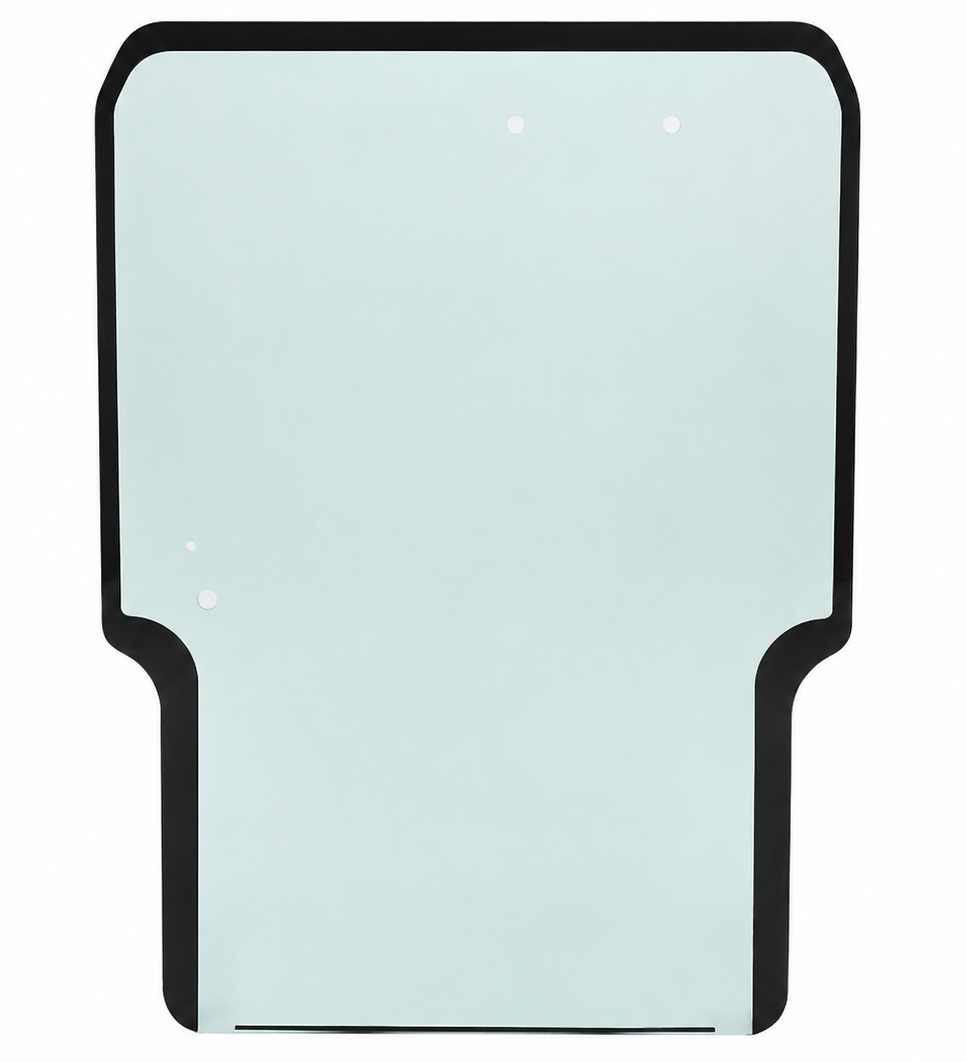 Takeuchi TL Series skid steer front windshield glass shown from the front, green-tinted tempered glass with black rubber frame
