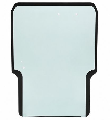 Takeuchi TL Series skid steer front windshield glass shown from the front, green-tinted tempered glass with black rubber frame