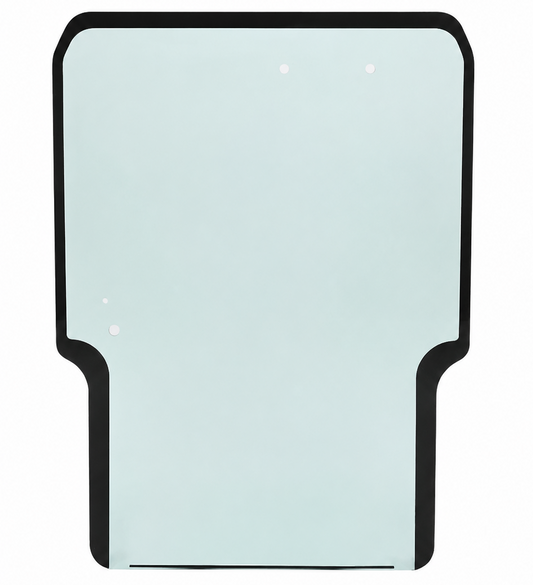 Takeuchi TL Series skid steer front windshield glass shown from the front, green-tinted tempered glass with black rubber frame