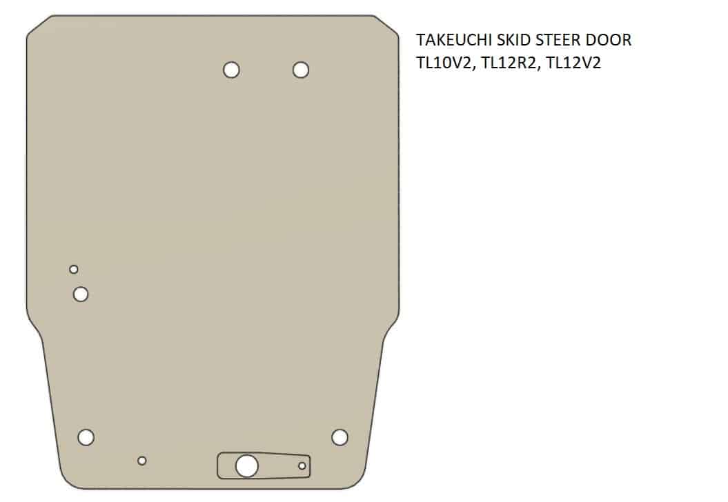 Technical shape diagram of Takeuchi TL skid steer windshield showing mounting hole layout for TL10V2, TL12R2, TL12V2