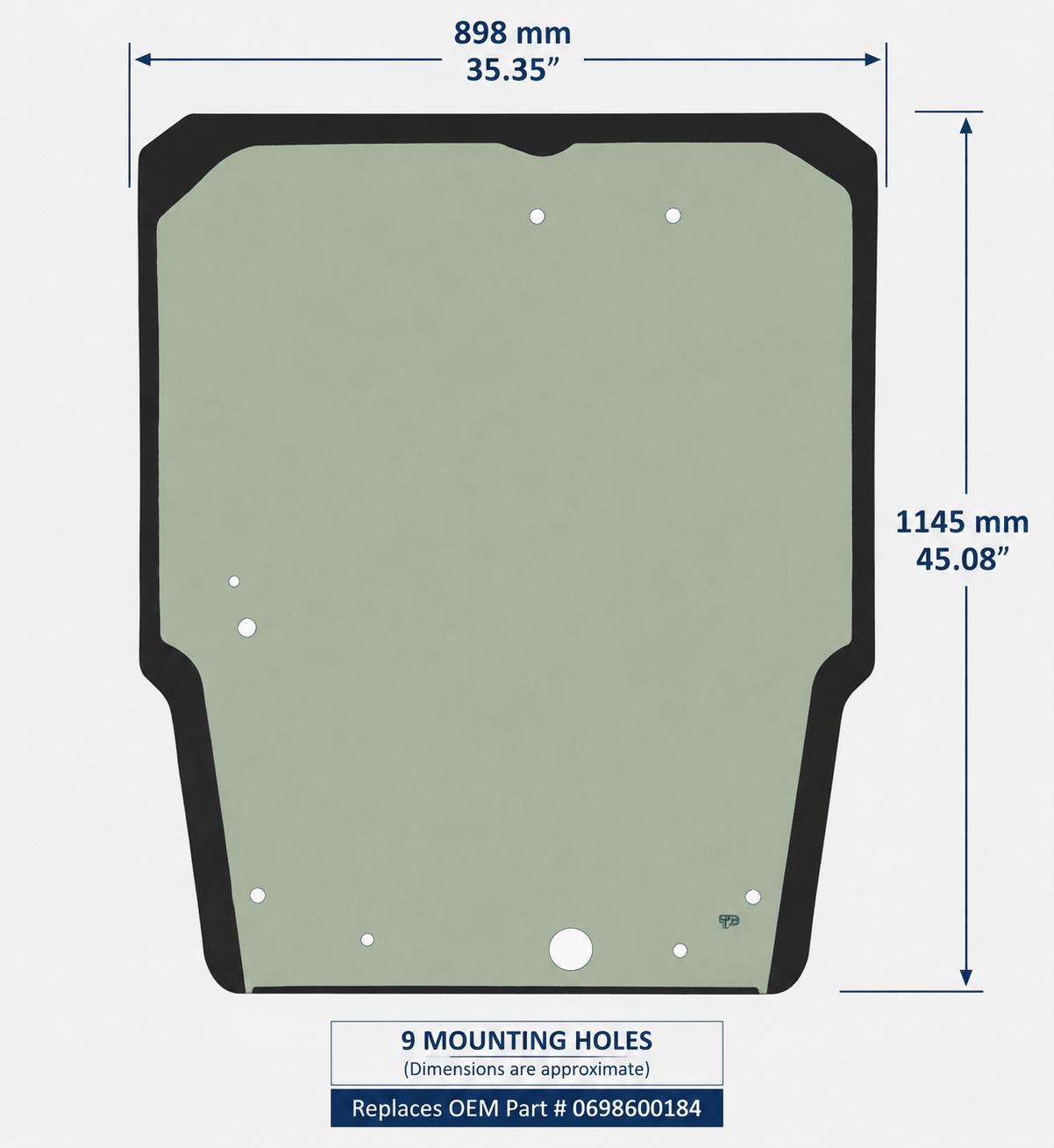 Dimensions diagram for Takeuchi TL10V2 TL12V2 front windshield glass replacement, 898mm x 1145mm with 9 mounting holes