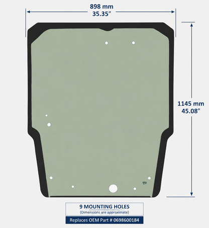 Dimensions diagram for Takeuchi TL10V2 TL12V2 front windshield glass replacement, 898mm x 1145mm with 9 mounting holes