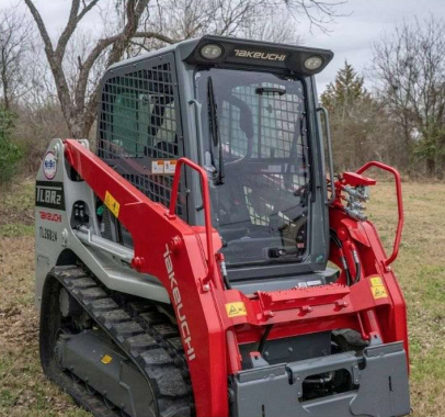 Takeuchi TL8R2 compact track loader with polycarbonate windshield replacement installed, side view