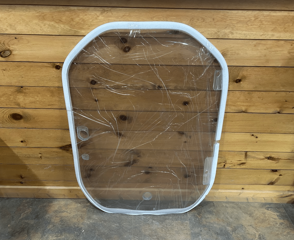 Wacker Neuson ST/SW clear polycarbonate windshield replacement with white aluminum frame, front view