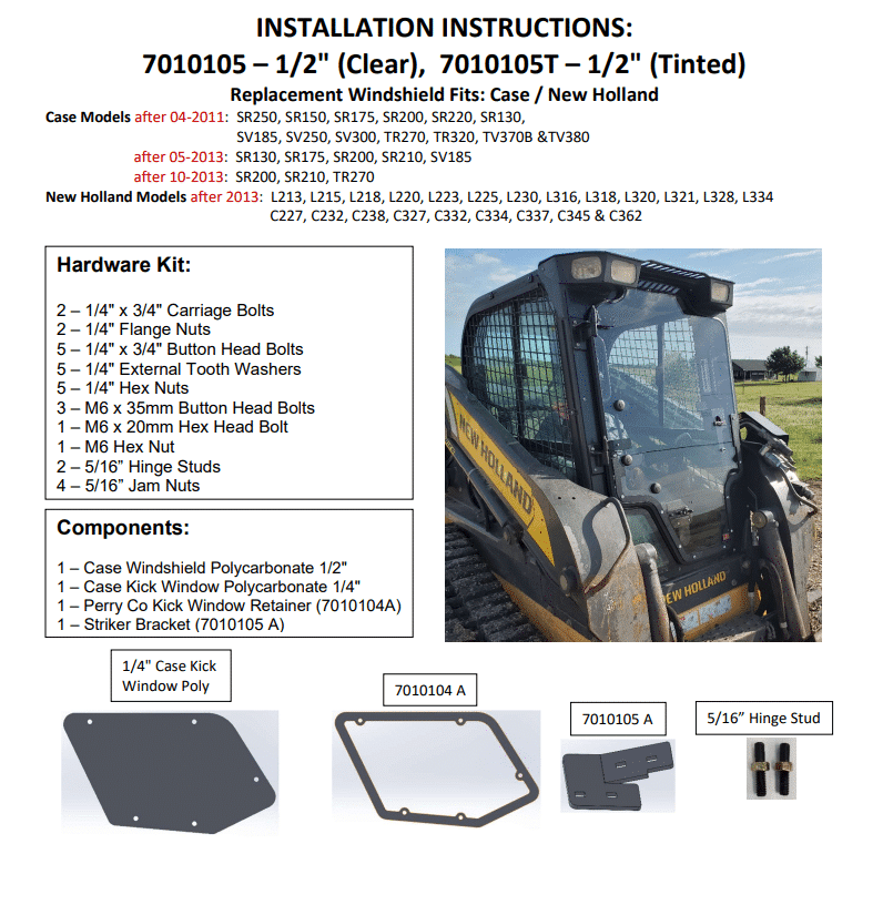 Case Skid Steer Loader Windshield Parts - SR/SV/TR/TV Series